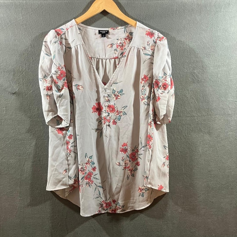 Torrid Harper Blouseβ Georgette Floral V-Neck Puff Sleeve Grey Red Office 1X